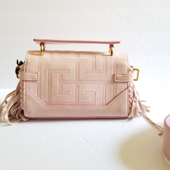 Balmain B-Buzz 19 Fringed Suede Monogram Crossbody Bag Faded Rose - Picture 7 of 15